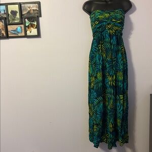 Pineapples Designed in Hawaii Blue Green Strapless Tie Back Maxi Dress size S